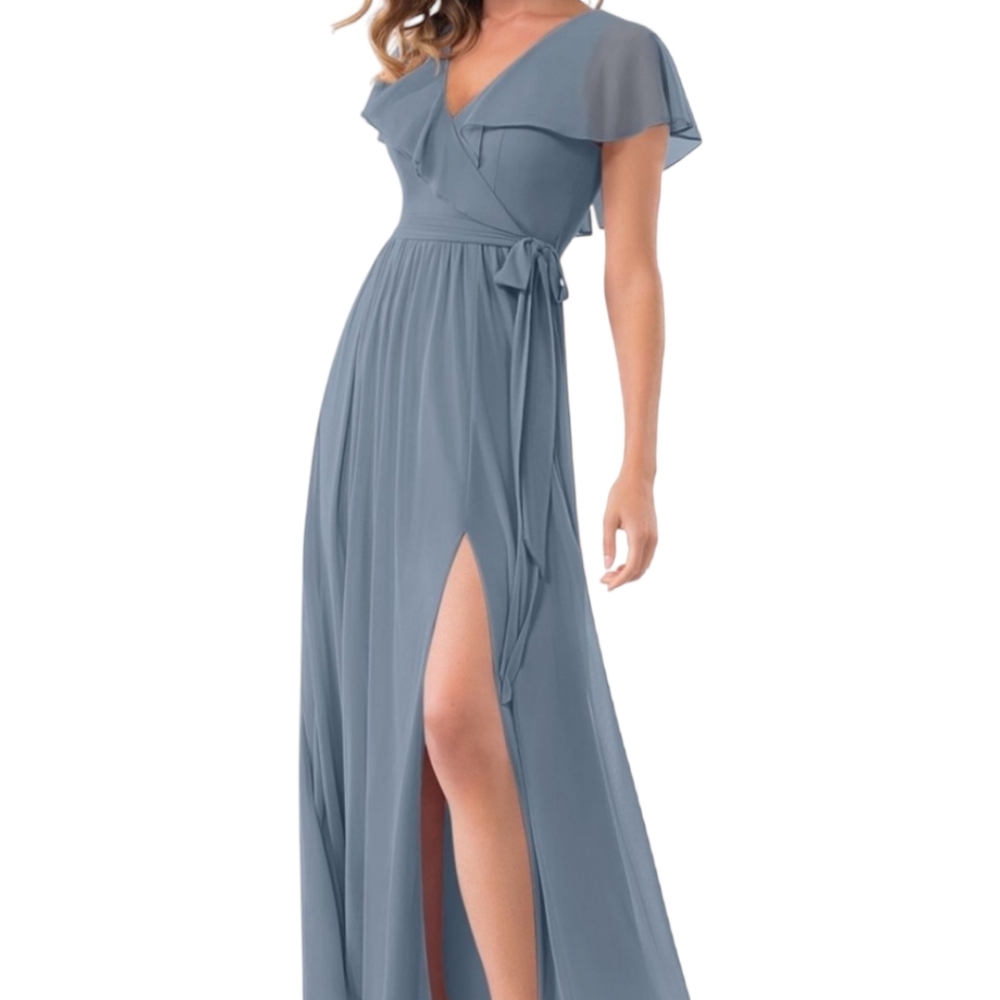 Azazie Jael bridesmaid long gown light blue Size 4. Was hemmed for someone 5’7”